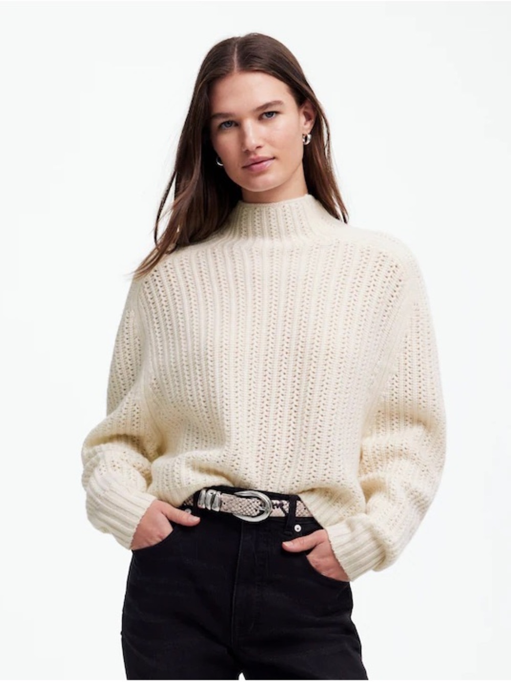 Madewell Merino Wool Pointelle-Stitch Mockneck Sweater